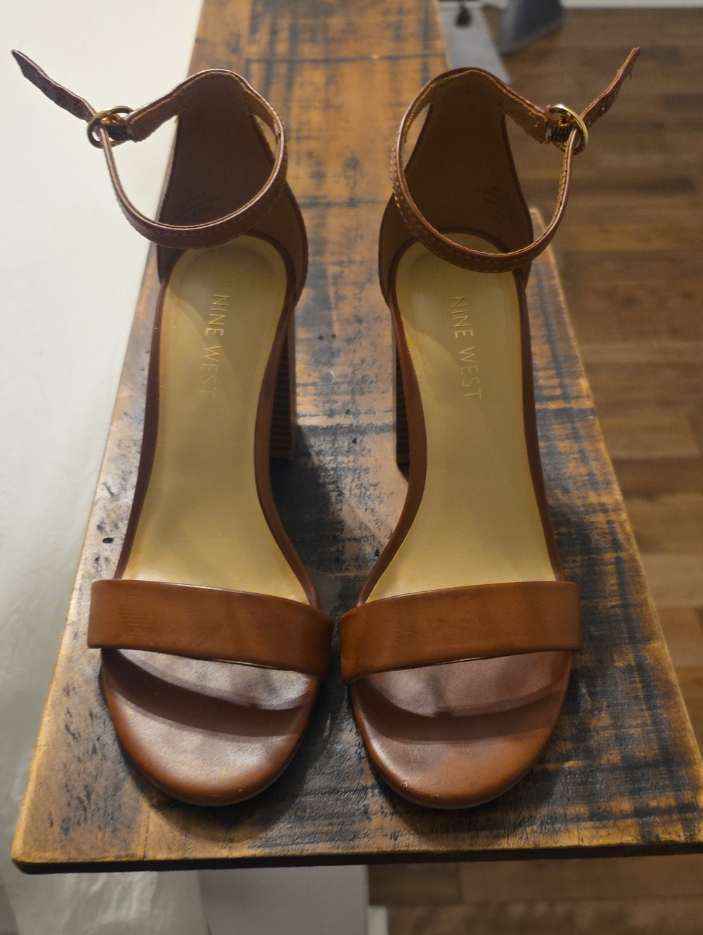 Nine West Tan Brown Ankle-Strap Block Heel Sandals